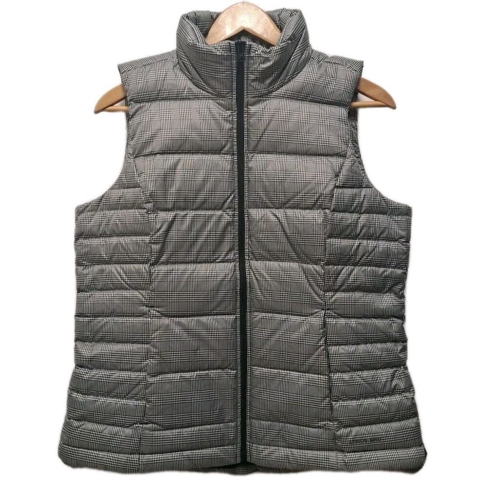 Lands End Down Puffer Vest Womens M 10-12 Black White Check Plaid Outdoor Warm